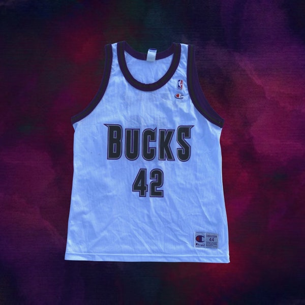 Vin Baker (Large / 44) Maglia da basket bianca da campione dei Milwaukee Bucks vintage NBA anni '90