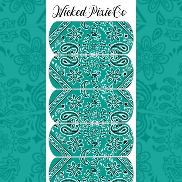 Teal Bandana Print Waterslide Nail Decals for Acrylic and Press on Nail Art Designs | Paisley Flower Pattern Bandana Decals Long Length