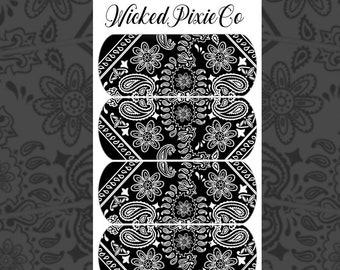 Black Bandana Print Water Nail Decals for Acrylic and Press on Nail Art Designs | Paisley Flower Pattern Bandana Nail Decals Long Length