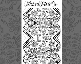 Clear and Black Bandana Print Waterslide Nail Decals for Acrylic and Press on Nail Art Designs | Paisley Flower Pattern Decals Long Length