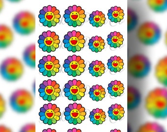 Colorful Rainbow Smiley Face  Flower Water Nail Decals for Acrylic or Press On Nails Waterslide Decals