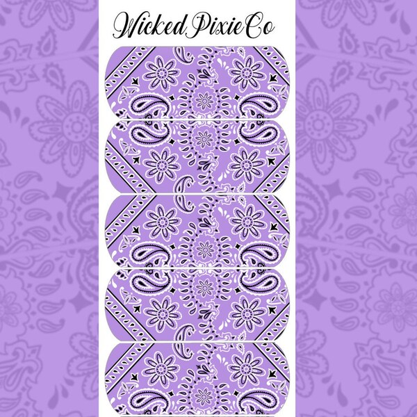 Lavender Lilac Bandana Print Nail Decals with Flower Paisley Pattern Waterslide Decals for Acrylic and Press On Nail Art Designs Pastel