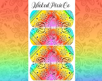 Rainbow Bandana Print Nail Decals with Flower Paisley Pattern Waterslide Nail Decals for Acrylic and Press On Nail Art Designs Nail Supplies