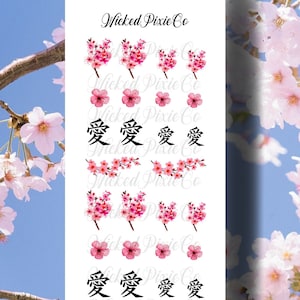 Cherry Blossom Nail Decals for Acrylic and Press On Nail Art | Sakura Flower Waterslide Nail Decals | Love Japanese Symbol