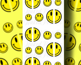 May include: A sheet of yellow nail decals with a repeating pattern of black and yellow smiley faces. The sheet is divided into two sections, with the left side showing the full pattern and the right side showing individual decals. The text "WickedPixieCo" is printed at the top of the sheet.