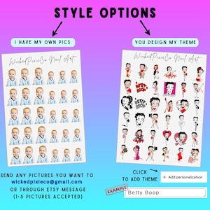 May include: A promotional image for nail art services. The image features two design options: one with baby photos and another with Betty Boop illustrations. Text includes "Style Options" and contact information.