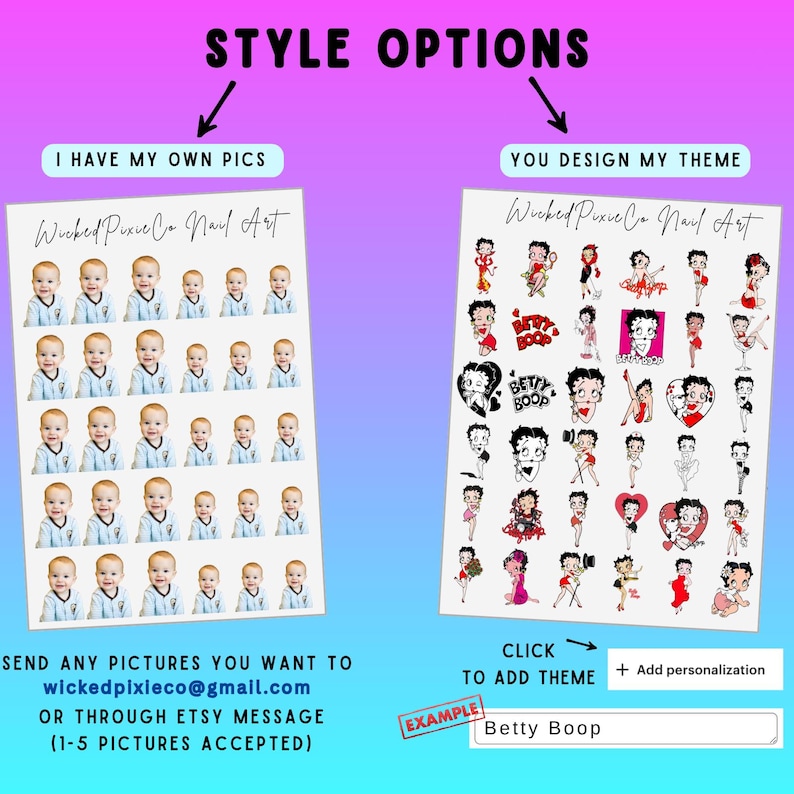 May include: A promotional image for nail art services. The image features two design options: one with baby photos and another with Betty Boop illustrations. Text includes "Style Options" and contact information.