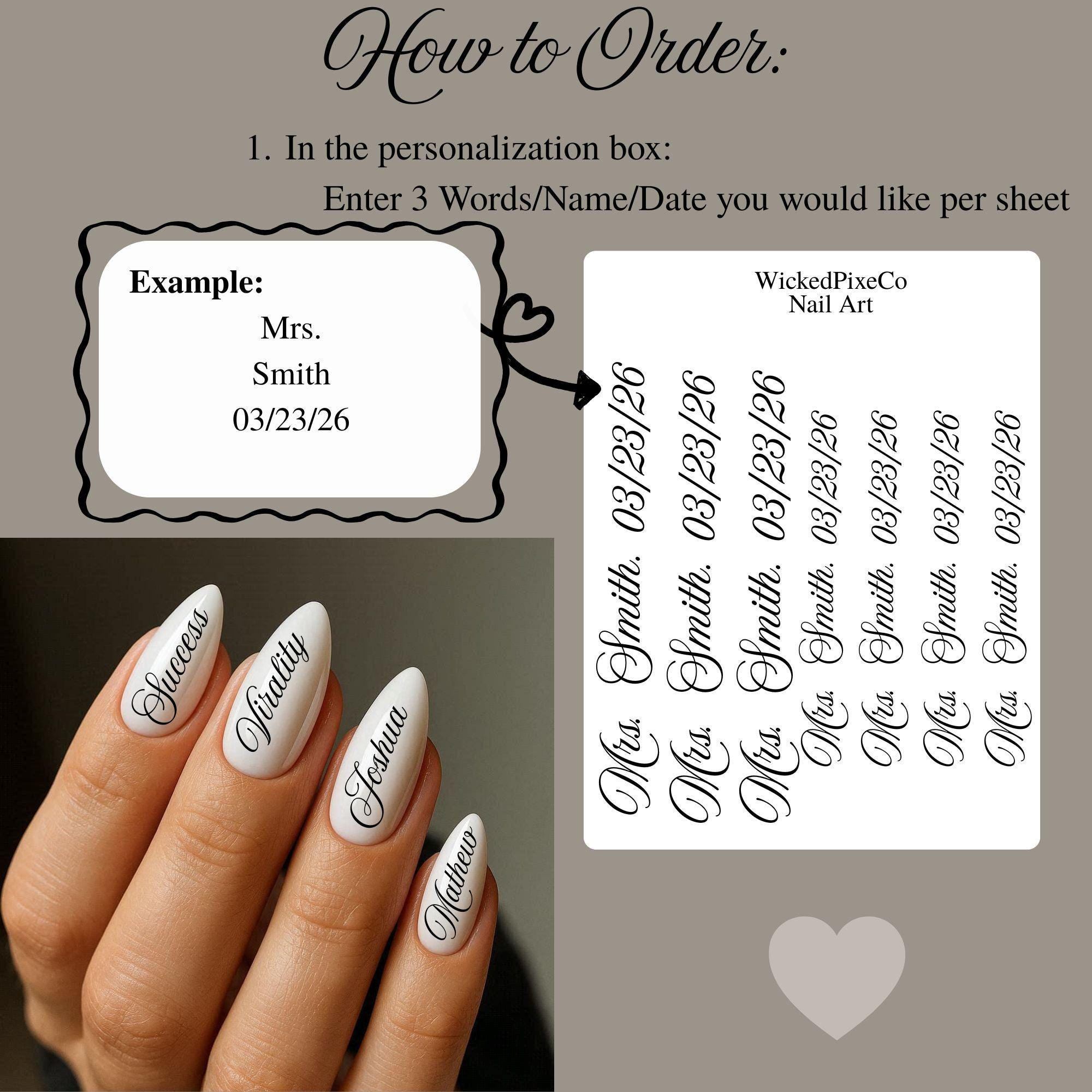 Custom Nail Decals, Script Calligraphy Personalized Name Date for Gel ...
