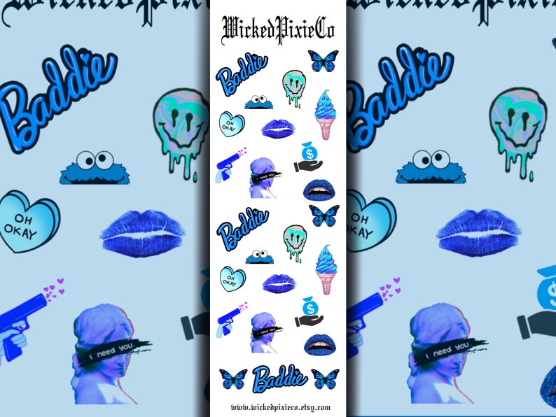 May include: A sheet of blue and white nail stickers with various designs, including a smiley face, a butterfly, a cookie monster, a heart, lips, a gun, a dollar bill, and the word "Baddie".