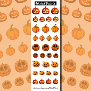 May include: A sheet of 20 Halloween-themed nail decals featuring various orange and brown pumpkins with different facial expressions. The decals are arranged in rows on a white background. The text "Wicked Pixie Co" and a website address are at the bottom of the sheet.
