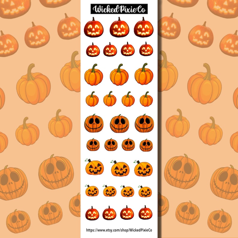 May include: A sheet of 20 Halloween-themed nail decals featuring various orange and brown pumpkins with different facial expressions. The decals are arranged in rows on a white background. The text "Wicked Pixie Co" and a website address are at the bottom of the sheet.