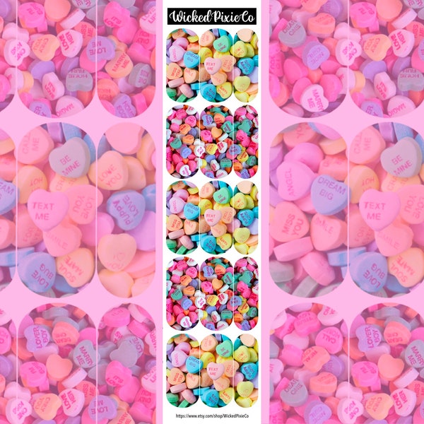 Valentines Day Nail Decals for Acrylic Press on or Gelx Nails Full Wraps Candy Hearts Nail Art Designs