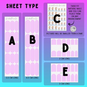 May include: Image showcasing nail art sheets labeled A, B, C, D, and E. Sheets A and B are pink, with measurements of 3.5 cm and 4.5 cm long, respectively. Sheet C features small images. Sheets D and E are pink, measuring 2 cm and 3 cm long.