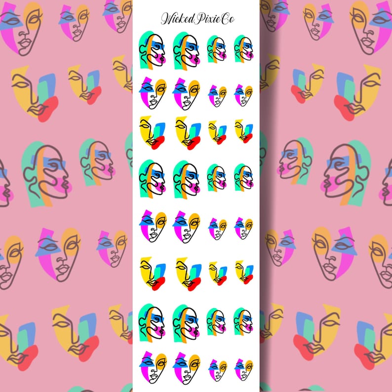 May include: A sheet of colorful abstract face nail stickers with a white background. The stickers feature a variety of colorful faces with different shapes and styles. The text "Wicked Pixie Co" is printed at the top of the sheet.