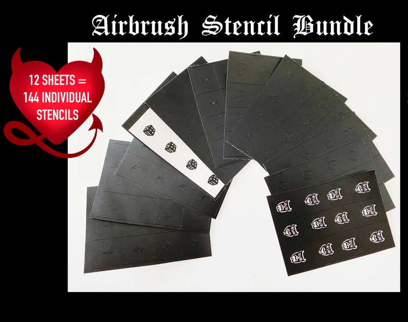 Nail Airbrush Stencil BUNDLE hearts smile now cry later cherry sparkle star devil heart butterfly dice dollar sign and more image 1
