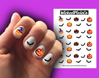Pumpkin Witch Hat Bat Nail Decals, Spooky Halloween Nail Art Supplies