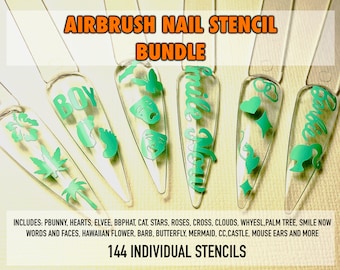 Designer Nail Airbrush Stencil Sampler BUNDLE 4 stencils of each design for Acrylic Press on Gelx Dip Nail Art Airbrush Paint or Brush on