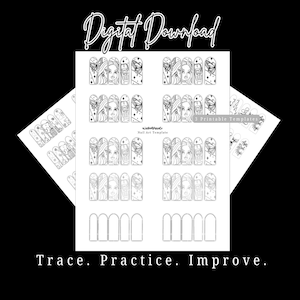 May include: Black and white nail art templates with various designs, including faces, butterflies, and cell phones. The text "Digital Download" is at the top, and "Trace. Practice. Improve." is at the bottom. The templates are on white paper.