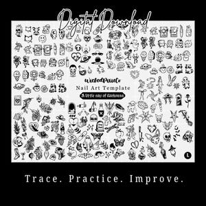 Pode incluir: Modelo de arte de unhas em preto e branco com várias ilustrações pequenas, incluindo caveiras, gatos e corações. O texto "Digital Download" está no topo, com "Wicked PixieCo Nail Art Template" e "A little ray of darkness" no centro. A parte inferior diz "Trace. Practice. Improve."