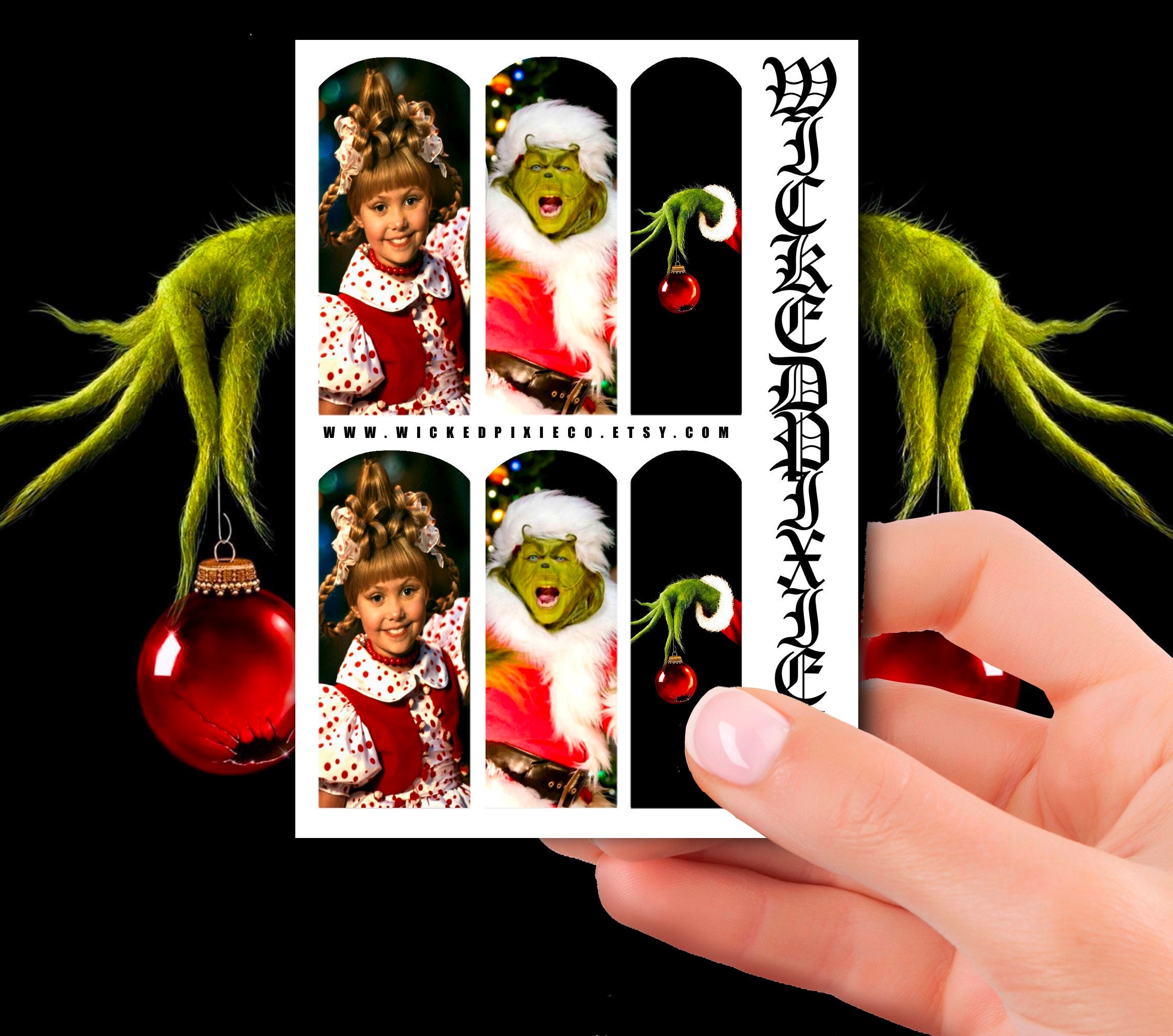 Holiday Christmas - Christmas Grinch #1 Grinch Ornament Smile Green Face  Nail Decals - WaterSlide Nail Art Decals Salon Quality DIY Manicure Nail