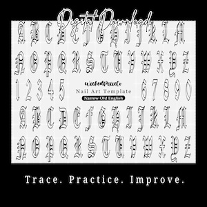 May include: A black and white digital download featuring an alphabet and numbers in a narrow Old English font. The text "Wicked PixieCo Nail Art Template" is also visible. The bottom of the image reads "Trace. Practice. Improve."