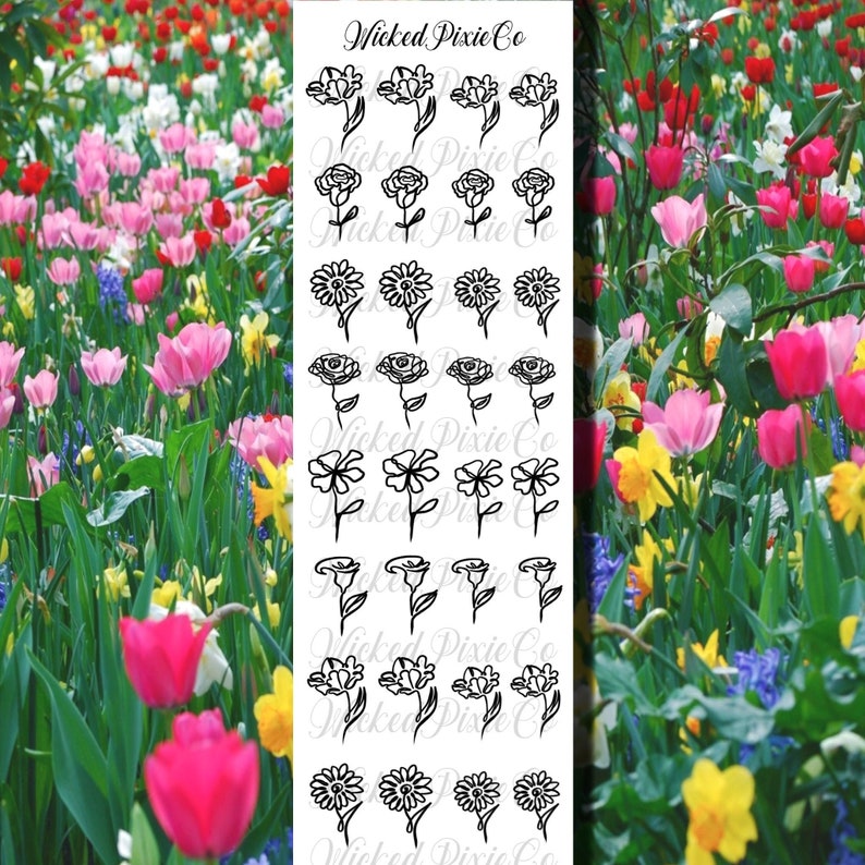 May include: A sheet of black and white flower nail art decals. The decals feature a variety of flower designs, including roses, daisies, and tulips. The decals are perfect for adding a touch of elegance to your nails.