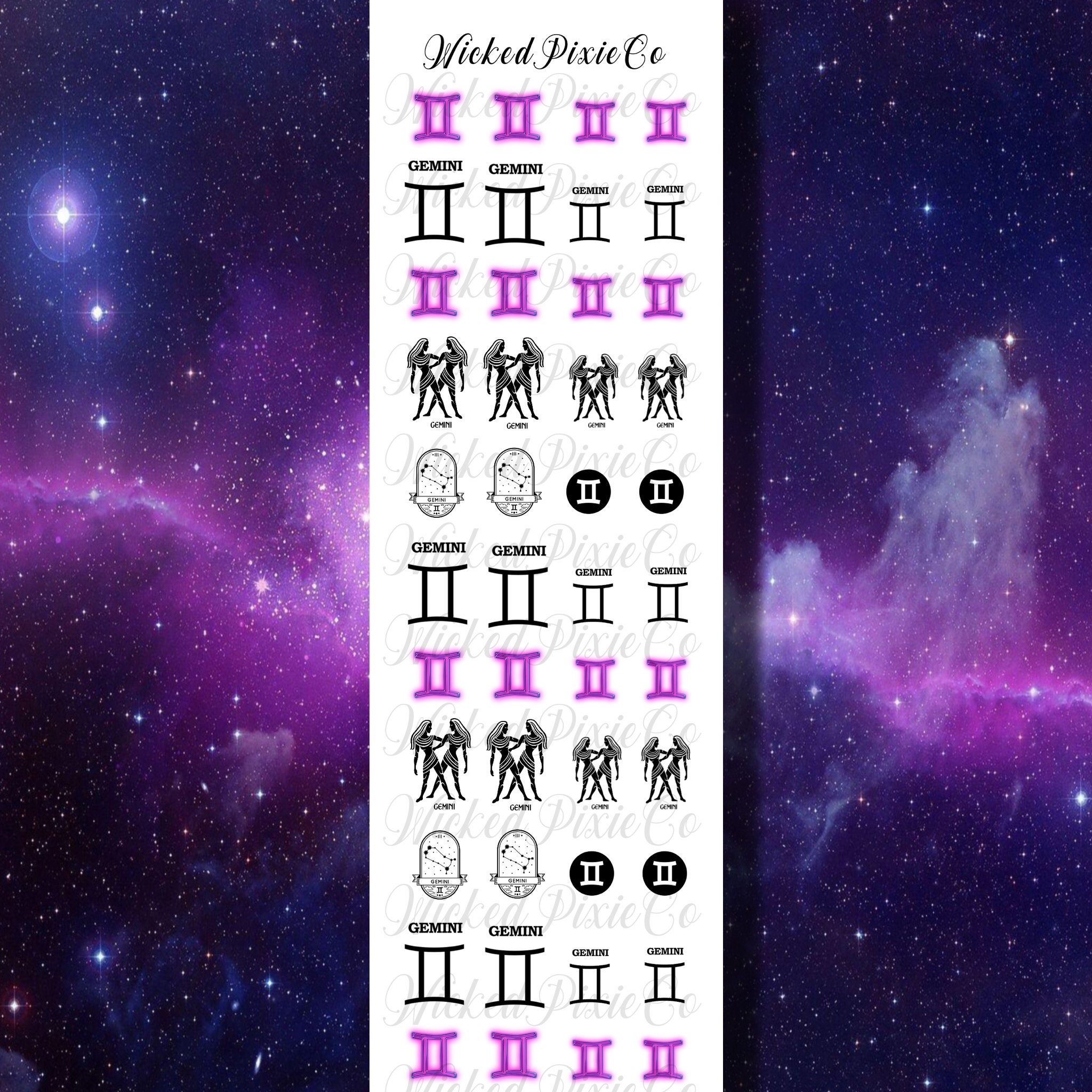 Gemini Zodiac Nail Decals for Acrylic and Press On Nails | Waterslide Nail Art Decals