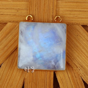 Natural Rainbow Moonstone Cushion Square Cabochon 925 Sterling Silver Gold Plated Bezel Pendant With Two Loops.