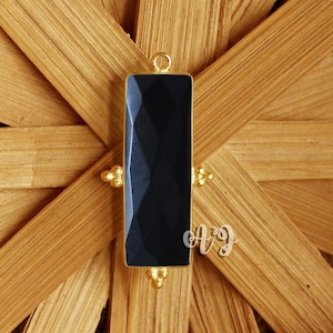Black Onyx Rectangle Briolette Brass Setting Gold Plated 3 Tri-dot Bezel Pendant.