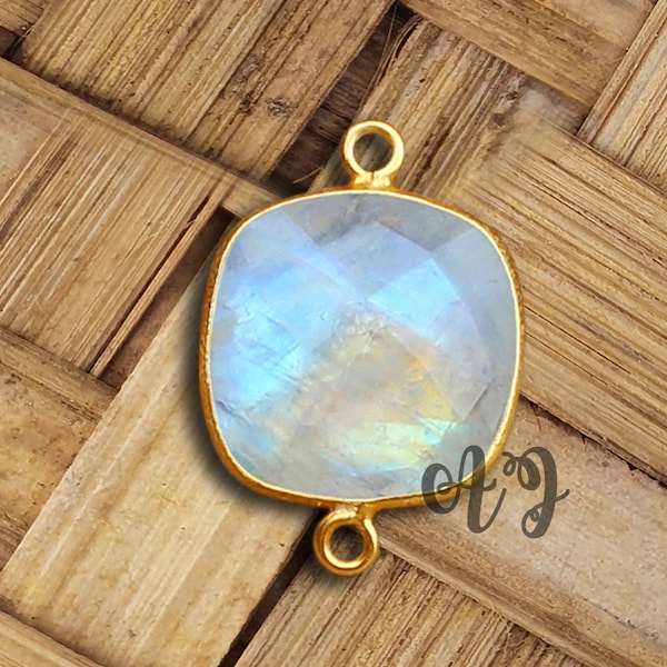 Natural Rainbow Moonstone Cushion Square Briolette 925 Sterling Silver Gold Plated Textured Bezel Connector- Connector Bail DIY Jewelry