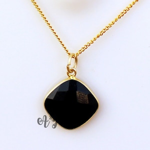 Black Onyx 12mm Cushion Square Briolette 925 Sterling Silver Gold Plated Bezel Pendant Chain Necklace-Black Pendant Necklace.Onyx Necklaces.