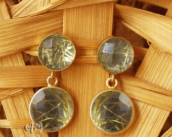 Brincos de quartzo hidro rutilado dourado. Brincos de prata 925, presente para ela. Brincos redondos de duas pedras rutiladas douradas, joias para presente.