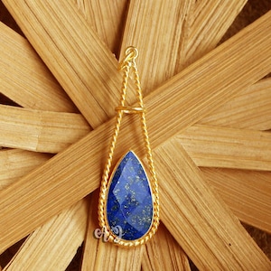 Natural Lapis Lazuli Long Pear Briolette Brass Setting Gold Plated Textured Bezel Pendant.