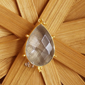 Crystal Hydro Quartz Pear Briolette Brass Setting Gold Plated Tri-dot Bezel Pendant.