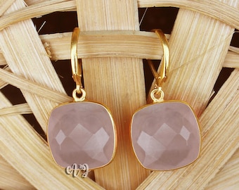 Natural Rose Quartz Cushion Square Briolette 925 Sterling Silver Gold Plated Lever Back Earrings.