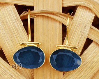 London Blue Topaz Hydro Quartz 11x15MM Oval Diamond Cut Gemstone Brass Setting Earrings.