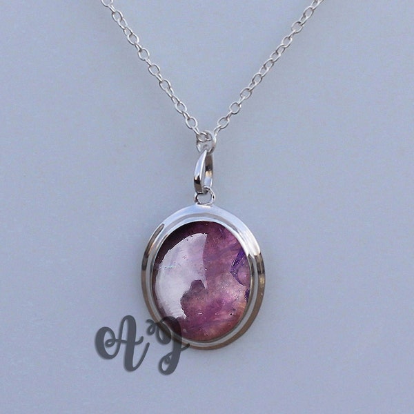 Natural Amethyst 16x20mm Oval Cabochon 925 Sterling Silver Rhodium Plated Bezel Pendant Chain Necklace-AAA High Quality Necklace Pendant