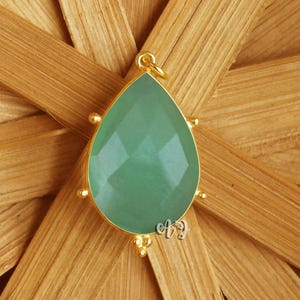 Parrot Green Hydro Quartz Pear Briolette Brass Setting Gold Plated Tri-dot Bezel Pendant.
