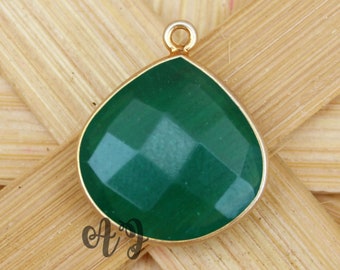 Green Onyx Heart Briolette 925 Sterling Silver Gold Plated Bezel Pendant