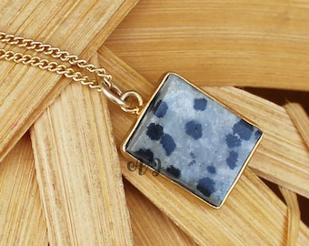 Collar Jaspe Dálmata. Joyas de Plata 925. Collar de piedras preciosas rectangulares de jaspe de alta calidad. Collares de moda de regalo de joyería de boda.