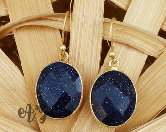 Natural Blue Sandstone Oval Briolette 925 Sterling Silver Gold Plated Textured Earhook Earrings-Blue Sunstone earring Simple earring Jewelry