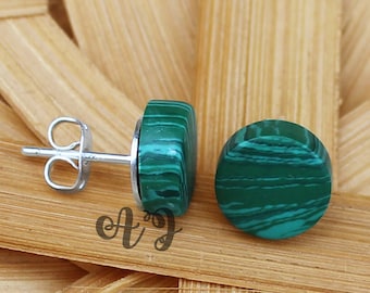 Malachite Quartz Round Flat 925 Sterling Silver Plated Smooth Finish Stud Earrings-Green Color Stud.Malachite Round Stud.unique gift for her