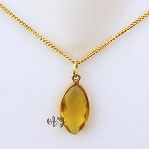 Citrine Hydro Quartz 11x20mm Marquise Briolette 925 Sterling Silver Gold Plated Bezel Pendant Chain Necklace-November Birthstone Necklaces.