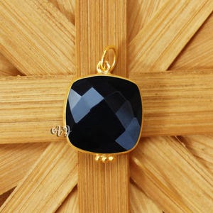 Black Onyx Cushion Square Briolette 925 Sterling Silver Gold Plated Tri-dot Bezel Pendant.