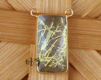 Golden Rutilated Pendant. 925 Silver Pendant. Rutilated Rectangle Double Bails Pendant. Handmade Pendant for Her.  Birthday Gift Jewellry.
