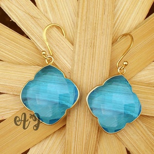 Swiss Blue Topaz Quartz 18mm Clover Briolette 925 Sterling Silver Gold Plated Earhook Earrings-Swiss Blue Clover Swiss Blue Gemstone Earring