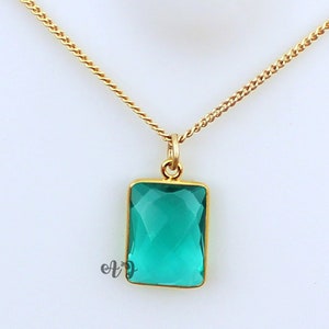 Teal Green Quartz Necklace. 925 Silver Jewellry. Birthstone Necklace. Paraiba Tourmaline Color Octagon Necklace. Green Rectangle Necklace.