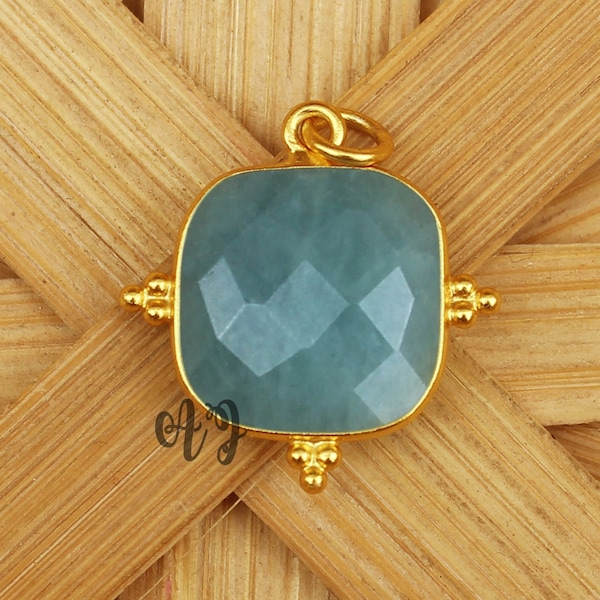 Milky Aquamarine Pendant. Minimalist Blue Layering Jewelry. March Birthday Gift for her. Blue Aquamarine Square 3-Balls 925 Silver Pendant.