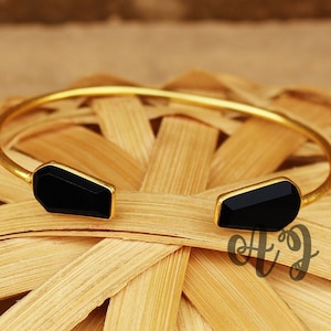 Natural Black Onyx 9x15MM Coffin Emerald Cut 7&quot; Inch Gold Plated Cuff Bracelet *Beautiful Bangle*Coffin Bangles*Gift For Her*Black Bracelet*