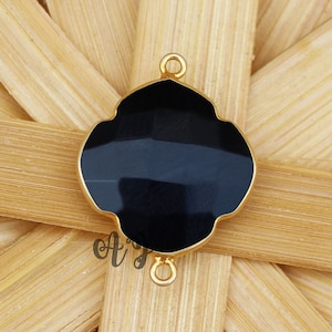 Black Onyx Clover Briolette 925 Sterling Silver Gold Plated Bezel Connector-Black Onyx Connector Black Onyx Clover Jewellry Craft Supplies